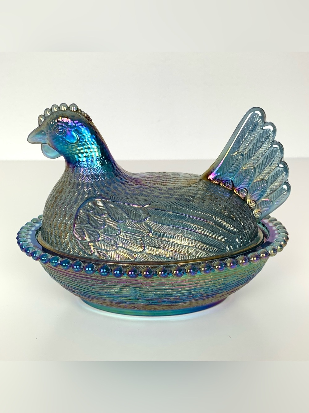 Hen on Nest Indiana Glass Carnival Blue Iridescent Vtg 1960s Candy Dish 7”